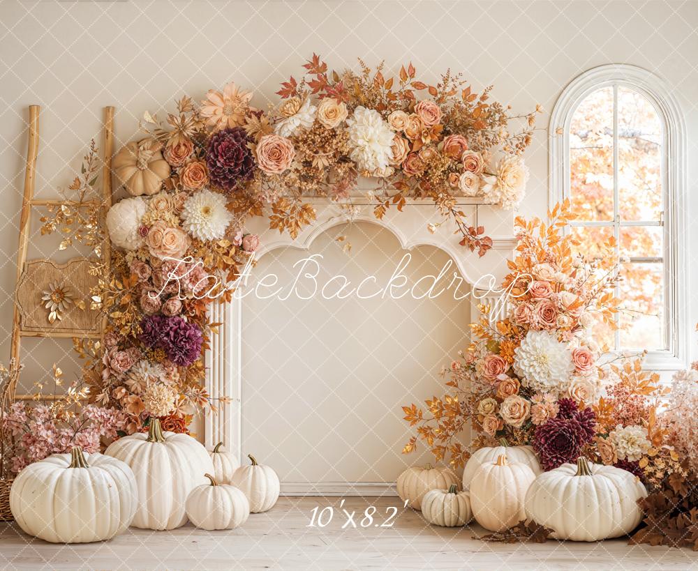 Kate Fall Flower Arch White Pumpkins Ladder Window Backdrop Designed by Emetselch