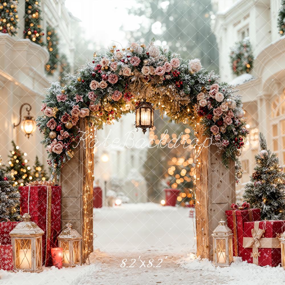 Kate Christmas Flower Arch Snowy Street Lanterns Gift Backdrop Designed by Emetselch