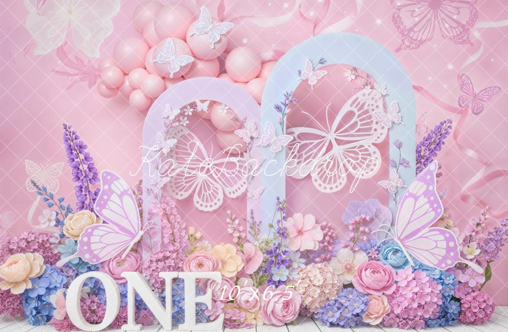 Kate Cake Smash Pink Butterfly Pastel Balloon Flower Arch Backdrop Designed by Emetselch