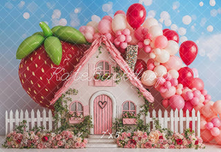 Kate Cake Smash Summer Strawberry House Balloons Flowers Printed Backdrop Designed by Emetselch