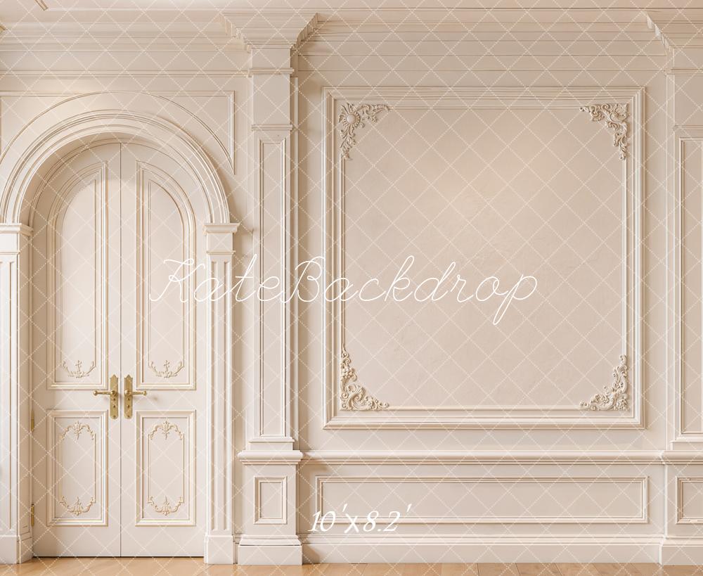 Kate Vintage Cream Elegant French Door and Paneling Wall Printed Backdrop Designed by Emetselch