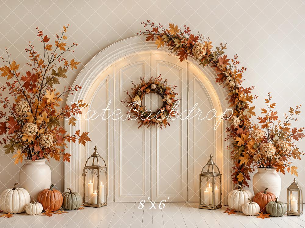 Kate Fall Beige Pumpkin Floral Arched Door Printed Backdrop Designed by Emetselch