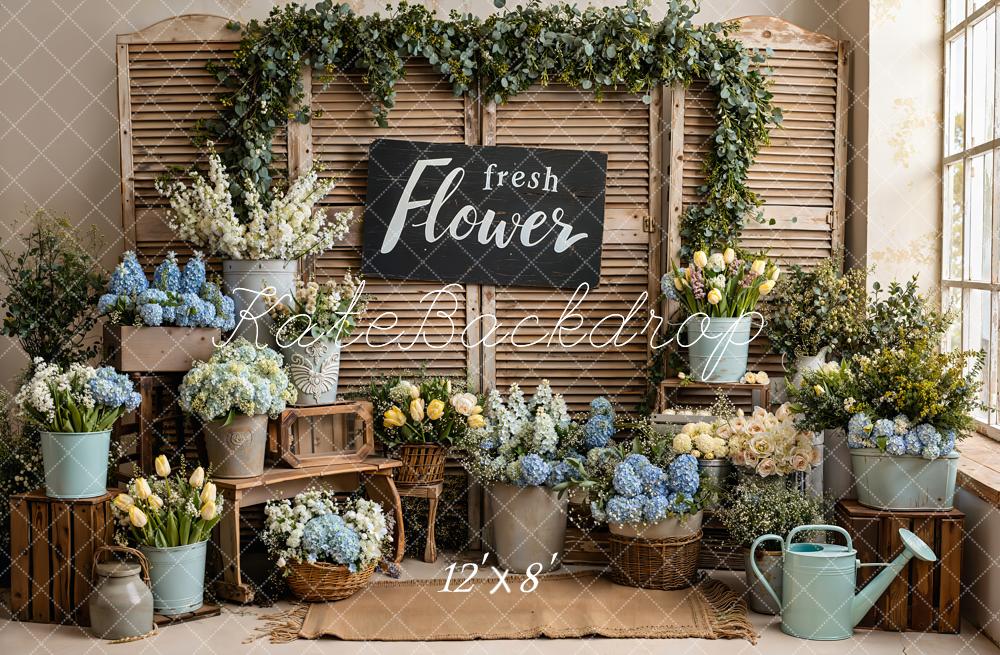 Kate Flower Market Rustic Shutters Blue Hydrangea Tulip Arrangement Backdrop Designed by Emetselch