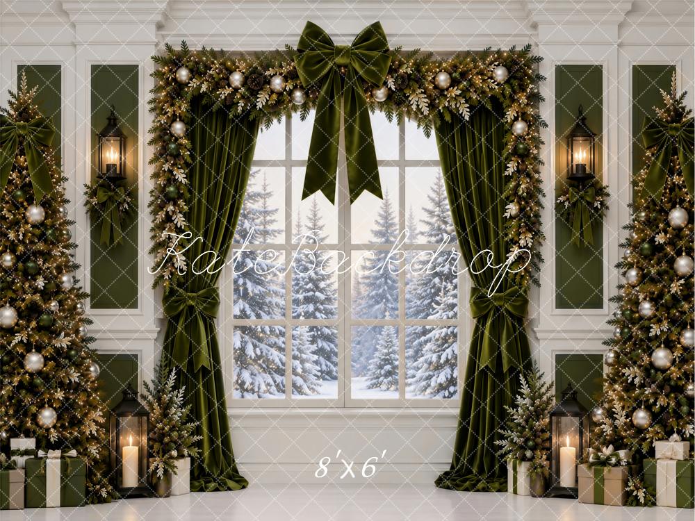Kate Christmas Arched Window  Green Garland Snowy Forest Printed Backdrop Designed by Ashley Paul
