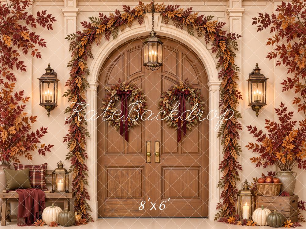 Kate Fall Arched Door Pumpkin Garland Lanterns Printed Backdrop Designed by Emetselch