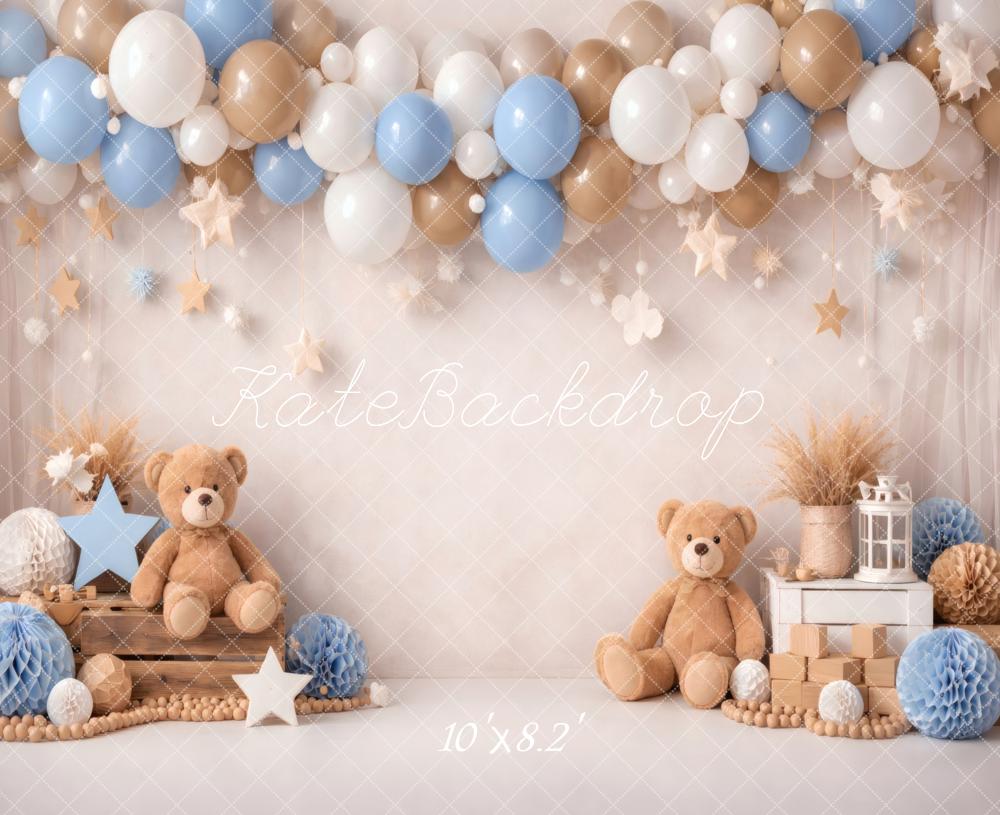Kate Cake Smash Teddy Bear Blue Brown Balloons Stars Printed Backdrop Designed by Vertigo Productions