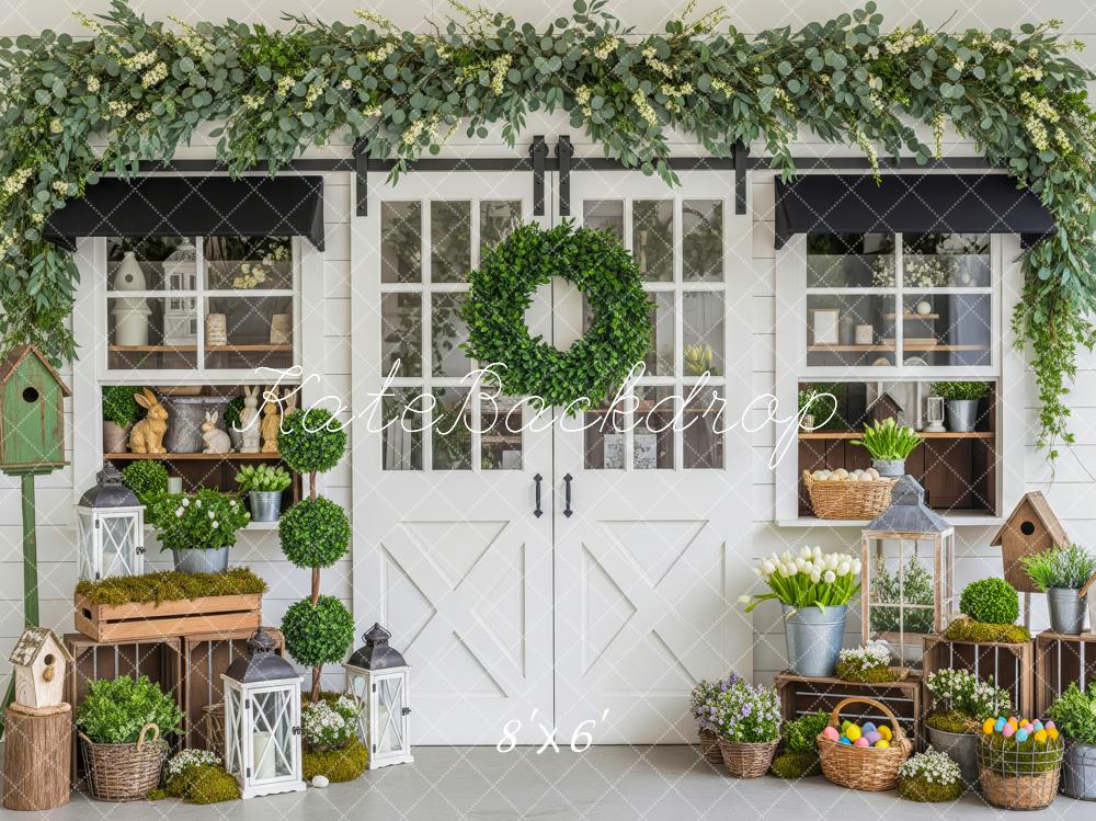 Kate Easter Greenery Wreath Door Birdhouse Crates Backdrop Designed by Patty Roberts