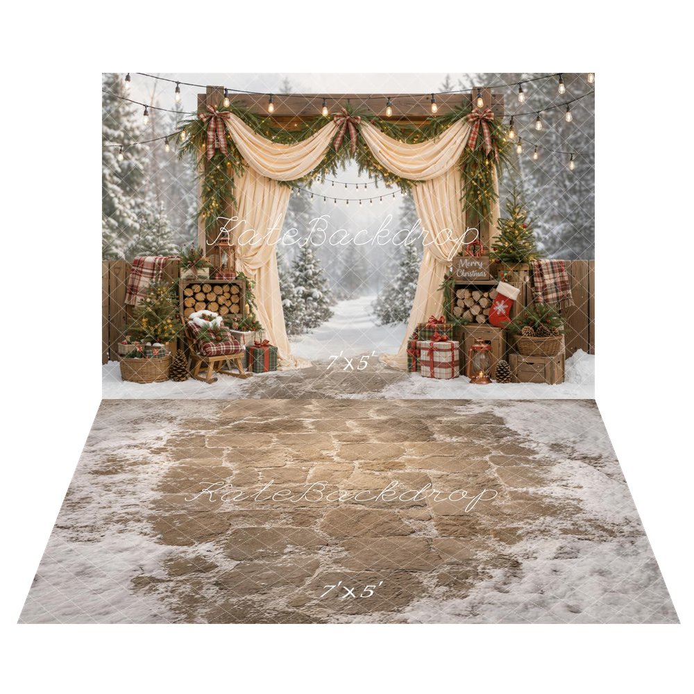 Kate Christmas Outdoor Arch Plaid Gifts Pine Trees Drapes Printed Backdrop+Cobblestone Floor Snow Printed Backdrop