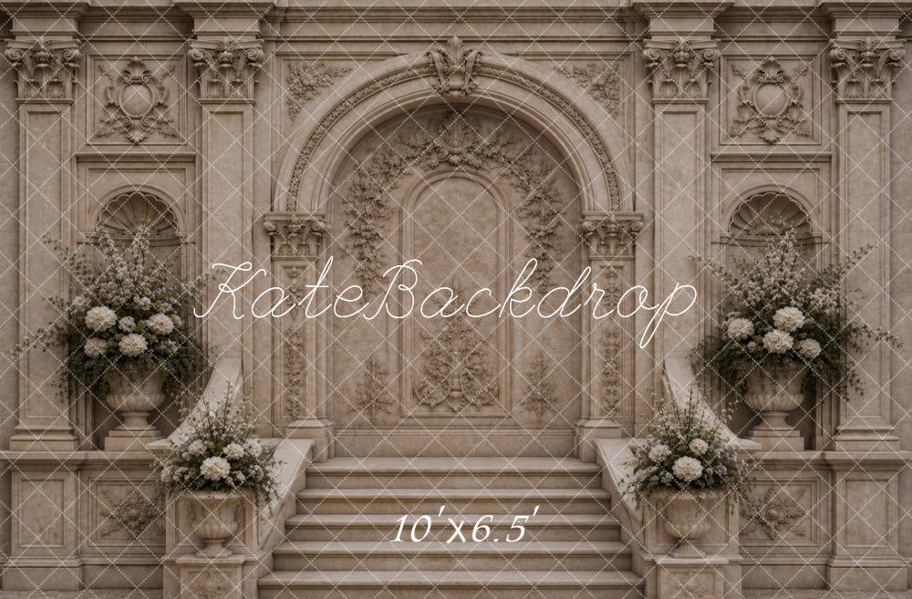 Kate Retro Architecture Cascading Stairs Beige Arch Floral Printed Backdrop Designed by Vertigo Productions