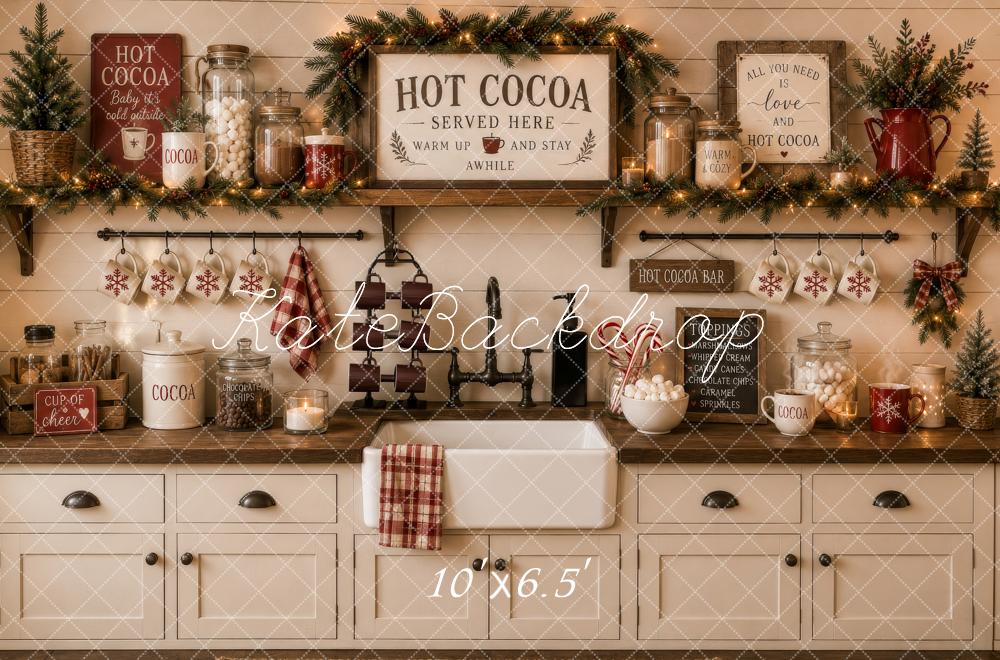 Kate Christmas Hot Cocoa Bar Rustic Kitchen Cabinet Printed Backdrop Designed by Megan Leigh Photography