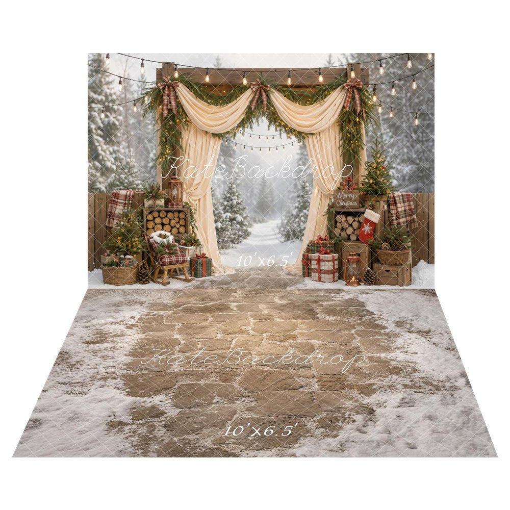 Kate Christmas Outdoor Arch Plaid Gifts Pine Trees Drapes Printed Backdrop+Cobblestone Floor Snow Printed Backdrop