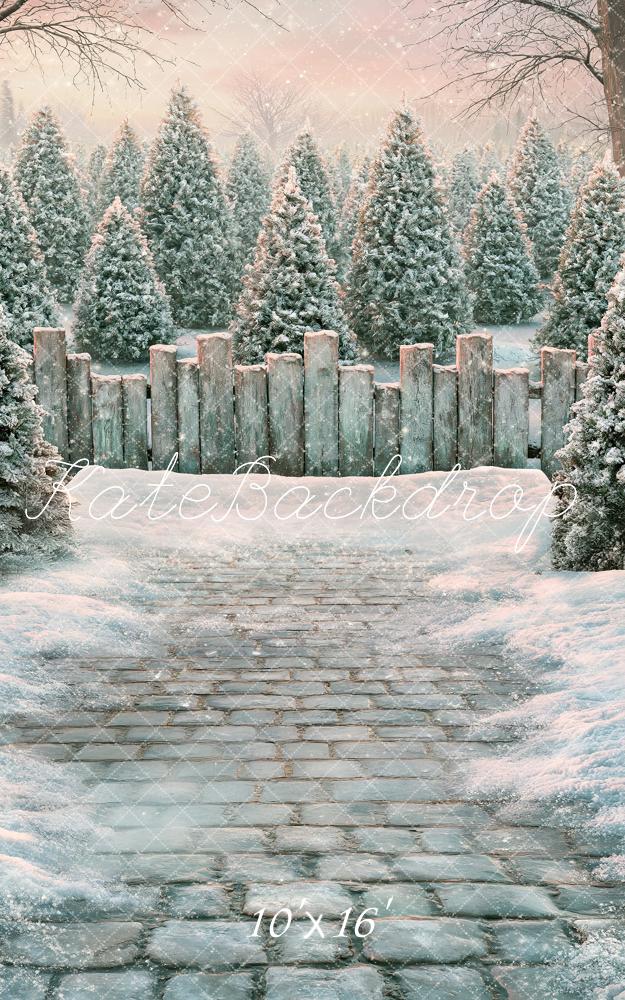 Kate Sweep Winter Snowy Pine Trees Wooden Fence Cobblestone Path Printed Backdrop Designed by Angela Miller