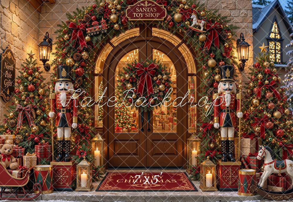 Kate Christmas Toy Shop Doorway Nutcracker Garland Trees Printed Backdrop Designed by Shutter Swan Studios