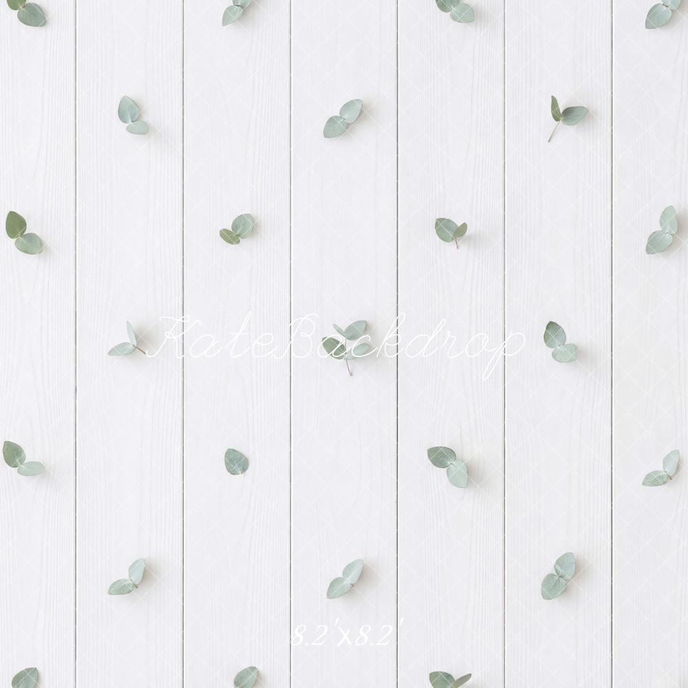 Kate White Wood Plank Green Leaves Floor Backdrop Designed by Mini MakeBelieve