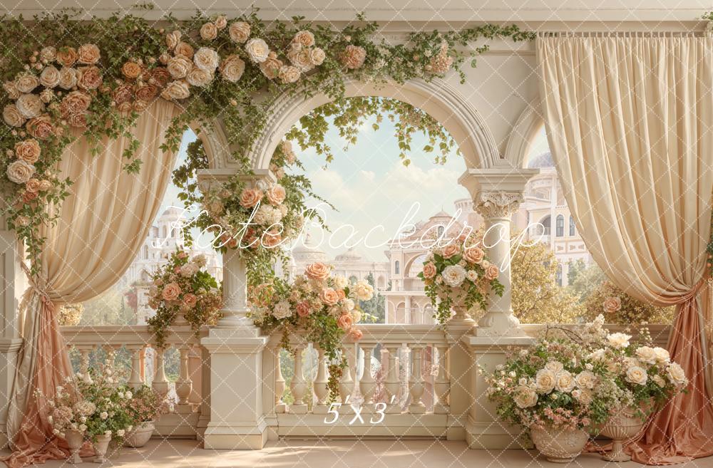 Kate Spring Flower Arch Cream Balcony Floral Drapes Printed Backdrop Designed by Emetselch