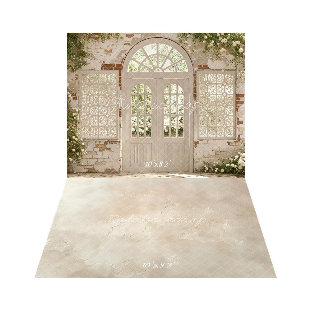 Kate Spring White Brick Arch Door Floral Window Printed Backdrop+Beige Abstract Texture Printed Floor Backdrop