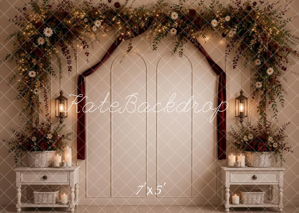 Kate Valentine's Day Headboard Flower Arch Brambles Lanterns Burgundy Cream Printed Backdrop Designed by Ashley Ward
