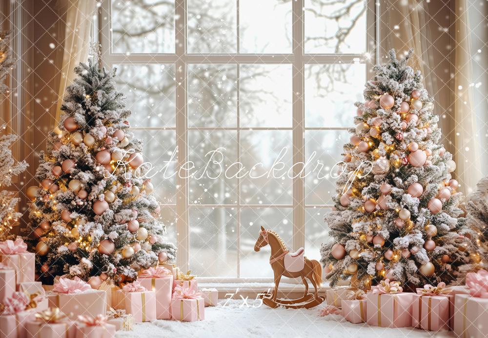 Kate Christmas Trees Snowy Pink Ornaments Gifts Window Rocking Horse Backdrop Designed by Patty Roberts