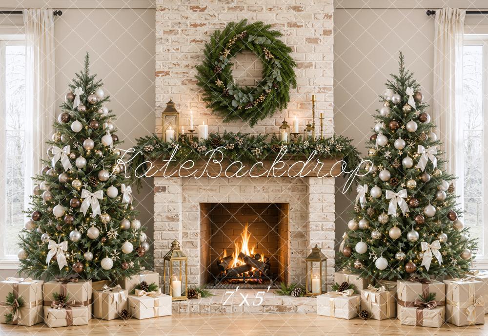 Kate Christmas Brick Fireplace Christmas Trees Wreath Bow Printed Backdrop Designed by Emetselch