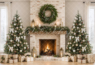 Kate Christmas Brick Fireplace Christmas Trees Wreath Bow Printed Backdrop Designed by Emetselch