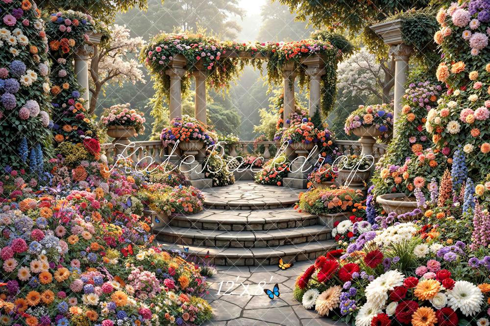 Kate Spring Flower Arch Cascading Stairs Garden Printed Backdrop Designed by Mini MakeBelieve