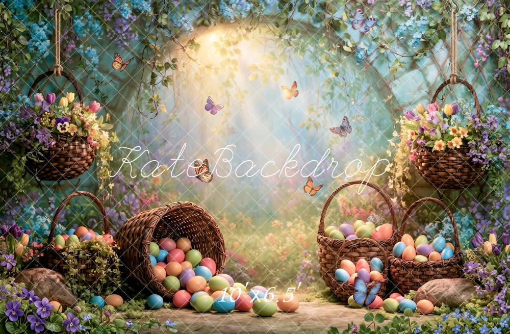 Kate Easter Fairy Forest Egg Basket Butterfly Floral Arch Printed Backdrop Designed by Angela Miller