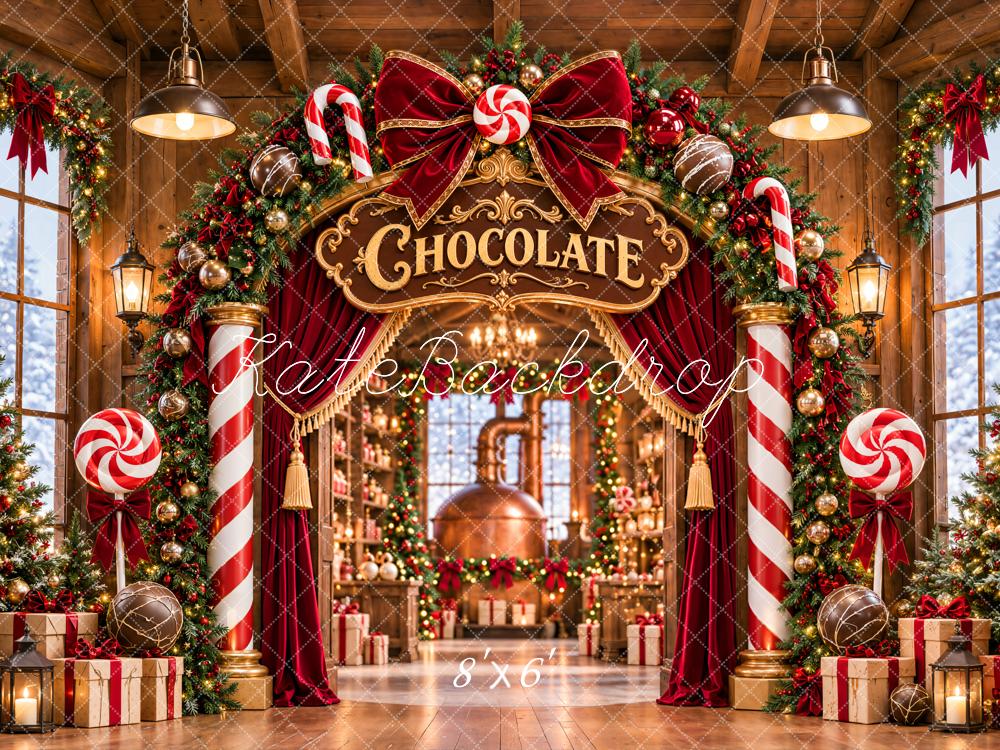 Kate Christmas Chocolate Factory Candy Cane Arch Bow Printed Backdrop Designed by Emetselch