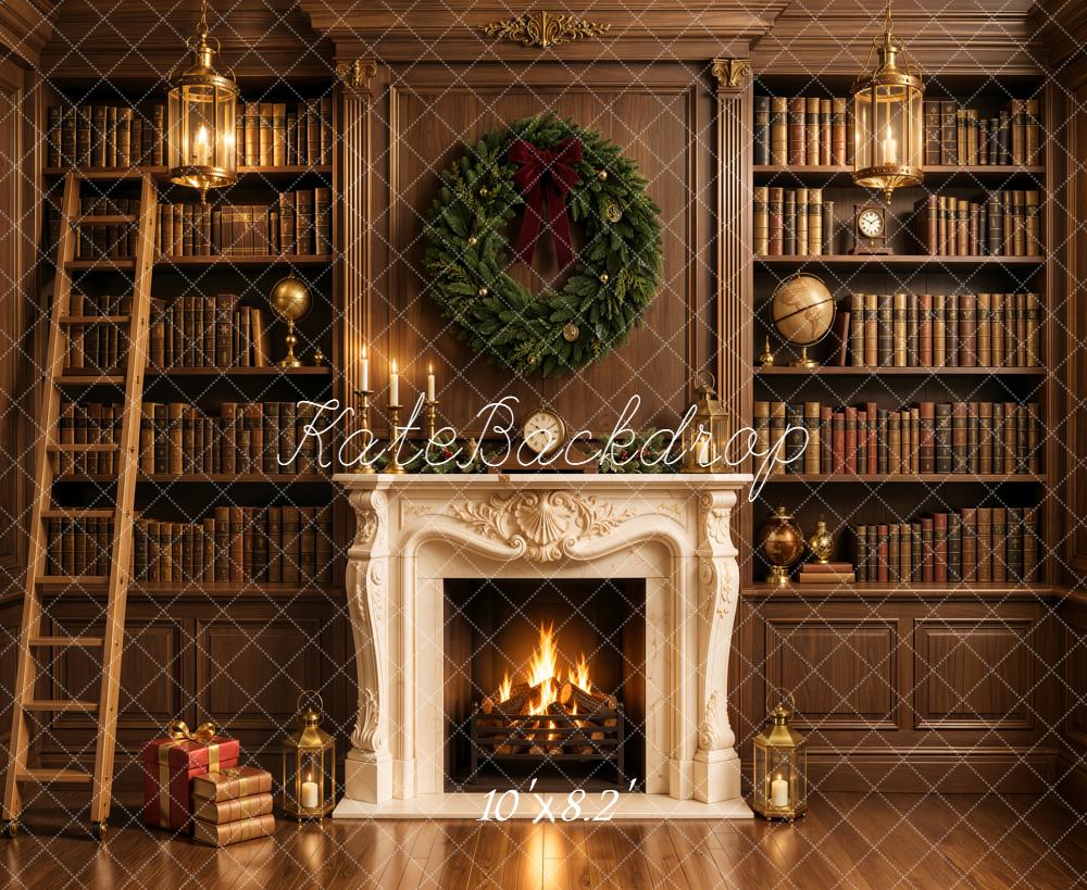Kate Christmas Fireplace Retro Library Bookshelves Wreath Printed Backdrop Designed by Emetselch