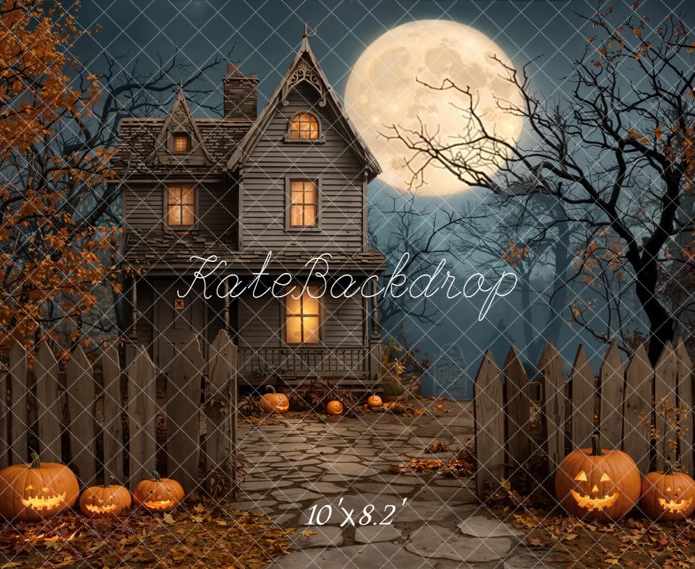 Kate Halloween Night Haunted House Full Moon Pumpkins Backdrop Designed by Emetselch