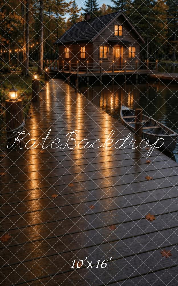 Kate Sweep Fall Lakeside Cabin Dock Reflection Printed Backdrop Designed by Vertigo Productions
