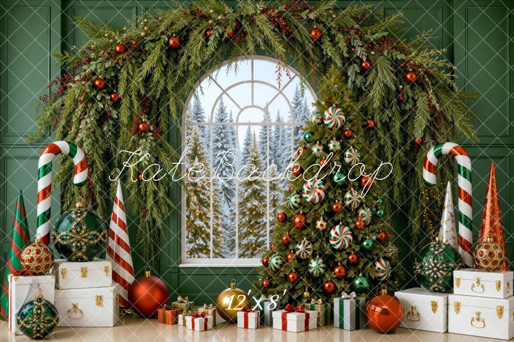 Kate Christmas Tree Garland Arch Candy Canes Green Wall Printed Backdrop Designed by Mini MakeBelieve