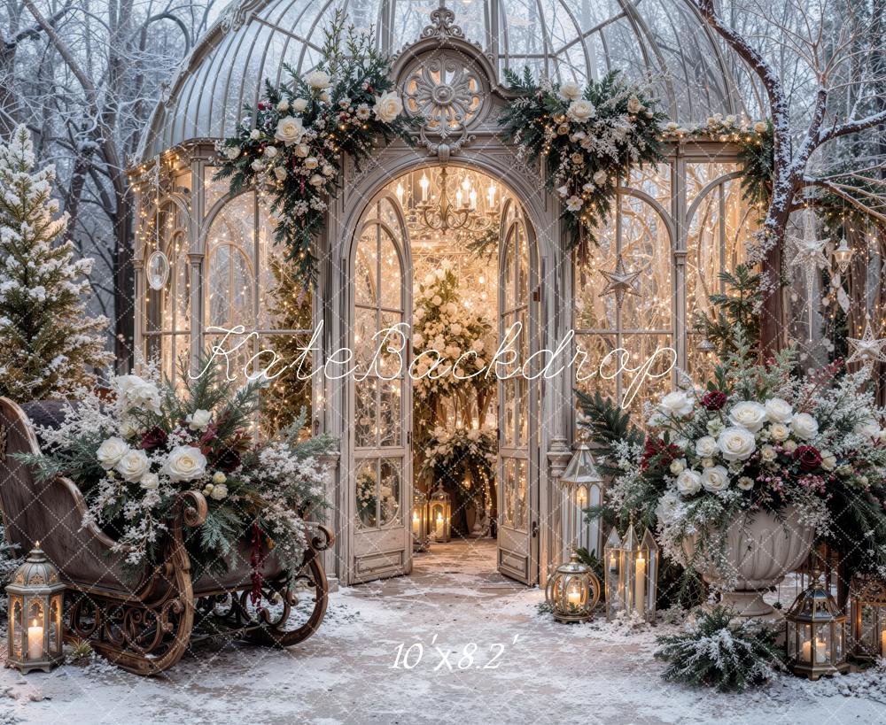 Kate Christmas Snowy Glass Greenhouse Floral Sleigh Printed Backdrop Designed by Jordan Moon