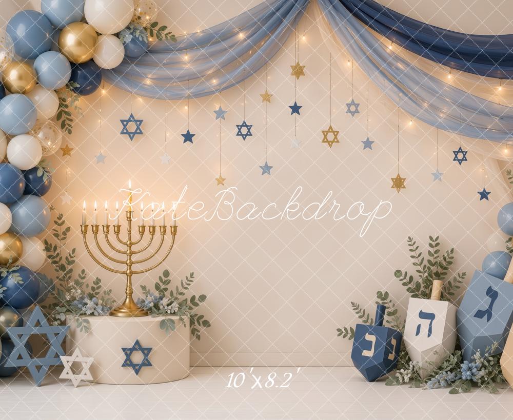 Kate Hanukkah Menorah Dreidel Star of David Balloons Drapes Printed Backdrop Designed by Ashley Ward