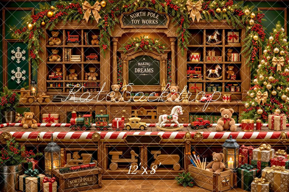 Kate Christmas North Pole Toy Workshop Wooden Shelves Printed Backdrop Designed by Mini MakeBelieve