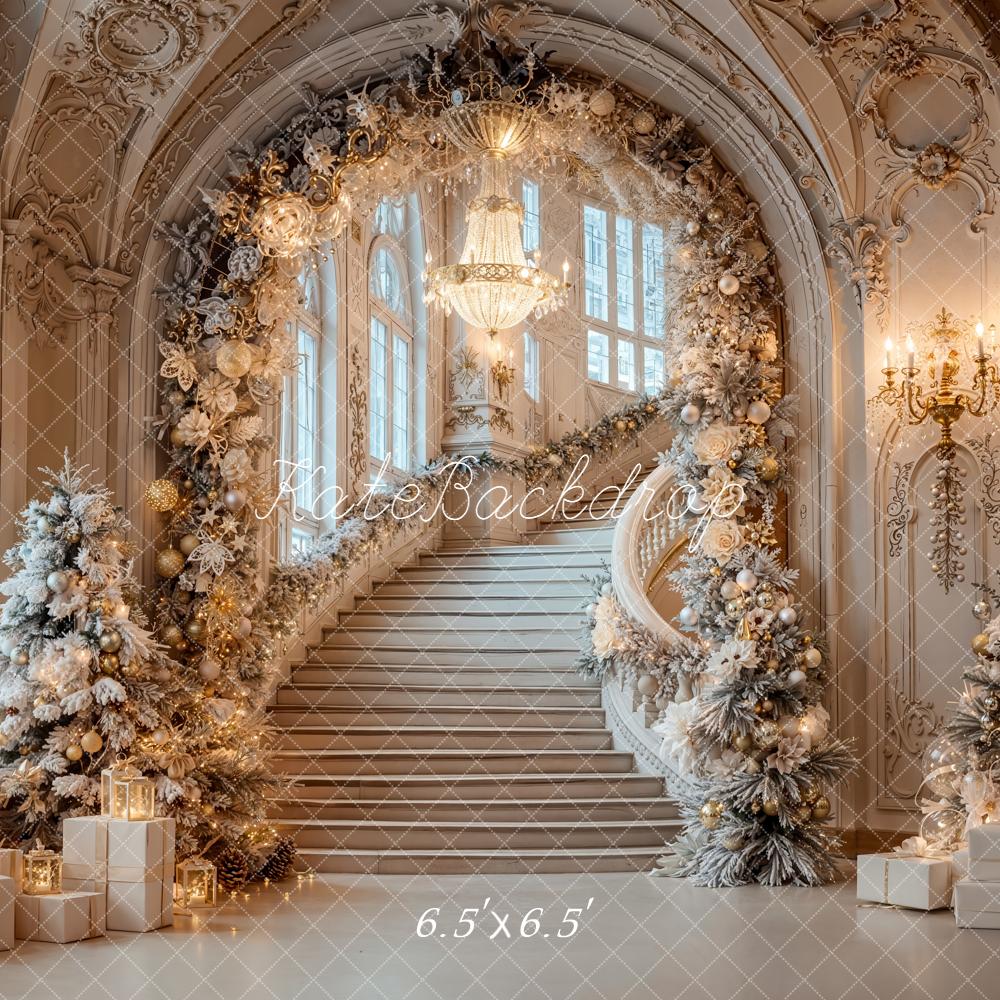 Kate Christmas Cascading Stairs Flower Arch White Gold Backdrop Designed by Emetselch