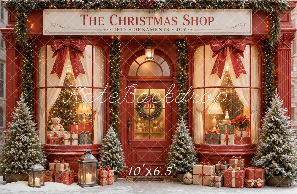 Kate Christmas Storefront Red Gift Boxes Christmas Trees Printed Backdrop Designed by Emetselch