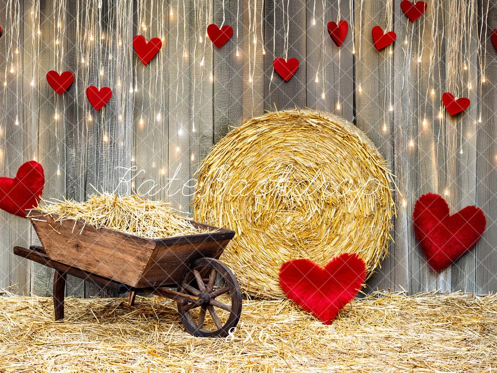 Kate Valentine's Day Hay Bale Wheelbarrow Hearts Printed Backdrop Designed by Fantasyphotoart