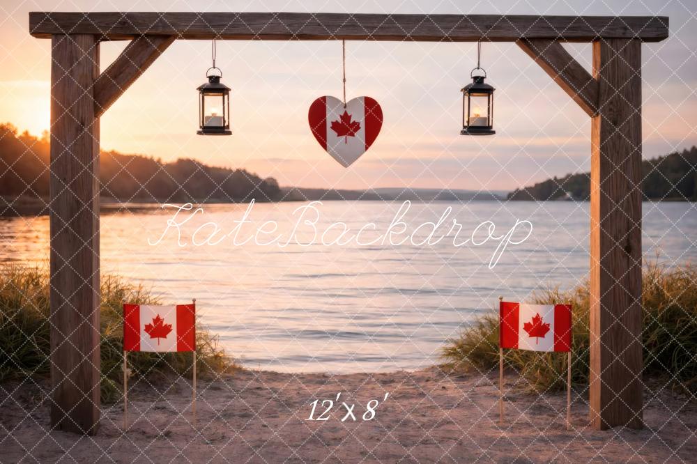 Kate Canada Flags Wooden Arch Lake Sunset Printed Backdrop Designed by Vertigo Productions