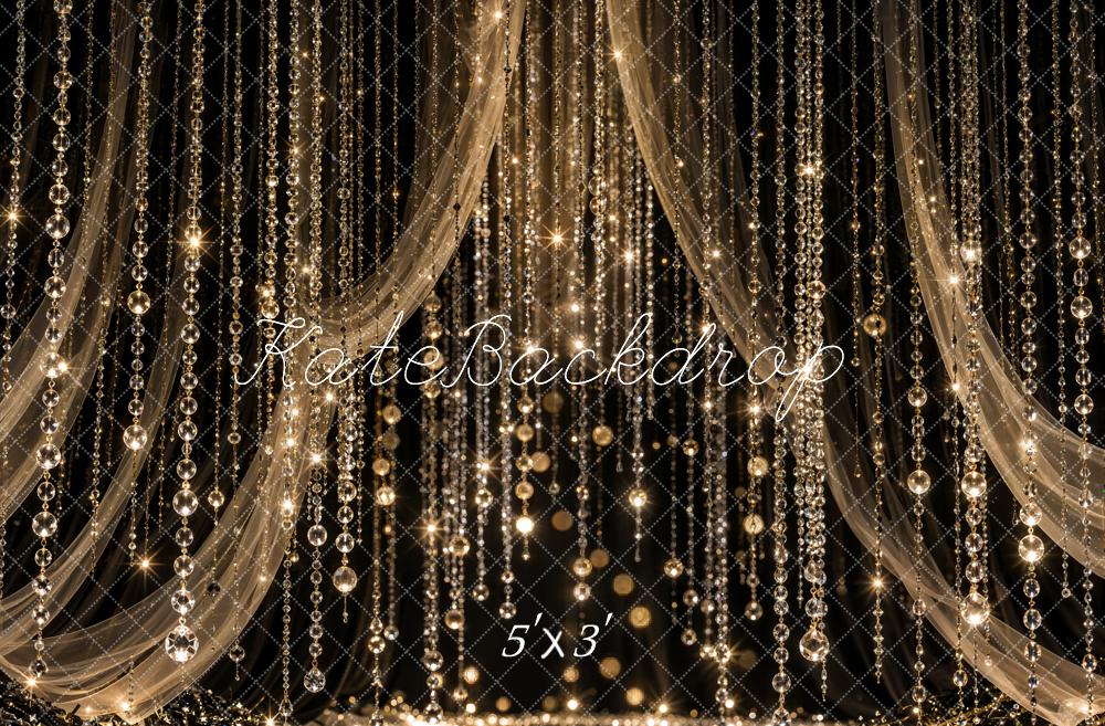 Kate Celebration Black Gold Crystal Bead Curtain Drapery Printed Backdrop Designed by Emetselch