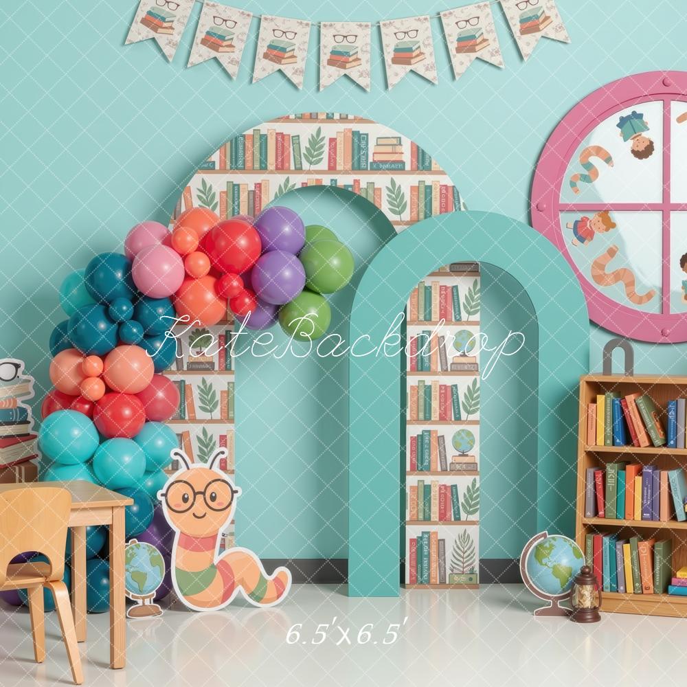 Kate Back to School Bookshelf Arch Balloons Worm Printed Backdrop Designed by Mini MakeBelieve