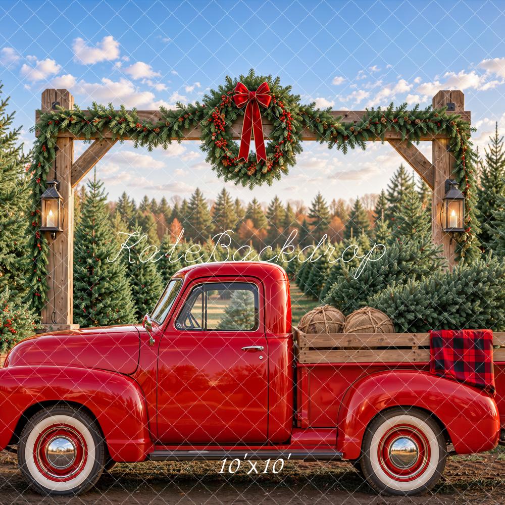 Kate Christmas Farm Red Truck Wreath Rustic Arch Printed Backdrop Designed by Emetselch