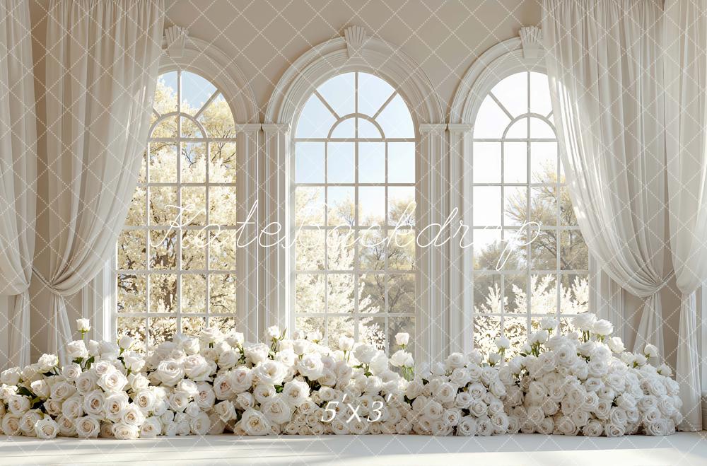 Kate Spring White Roses Floral Arch Large Windows Printed Backdrop Designed by Mini MakeBelieve