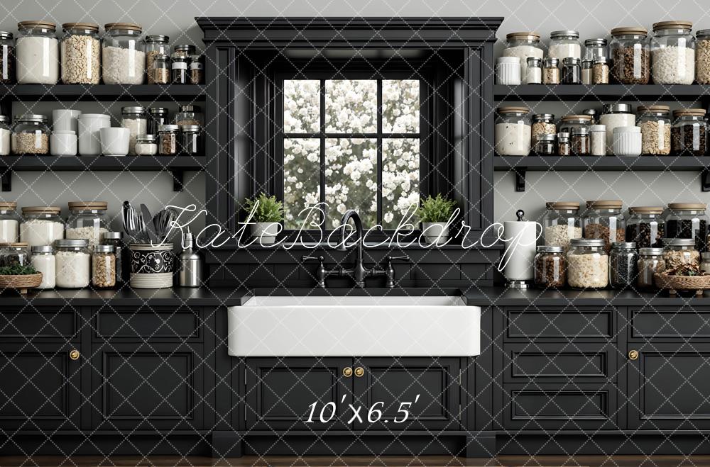 Kate Black Kitchen Shelves Window Jars Backdrop Designed by Mini MakeBelieve