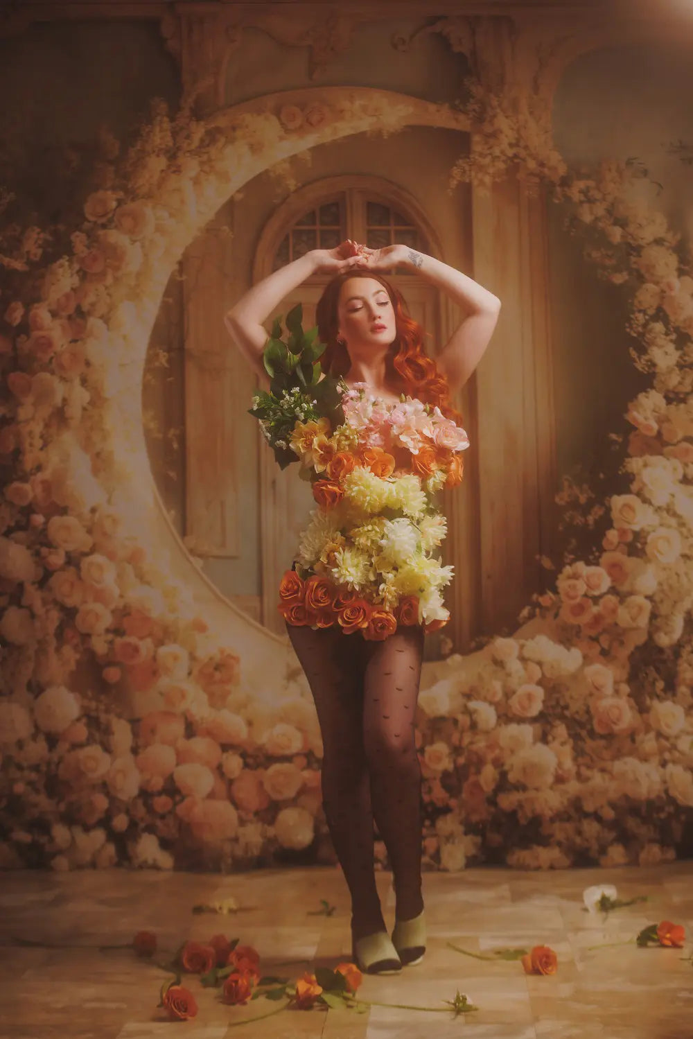 Kate Mother's Day Floral Moon Arch White Roses Wedding Printed Backdrop Designed by Emetselch