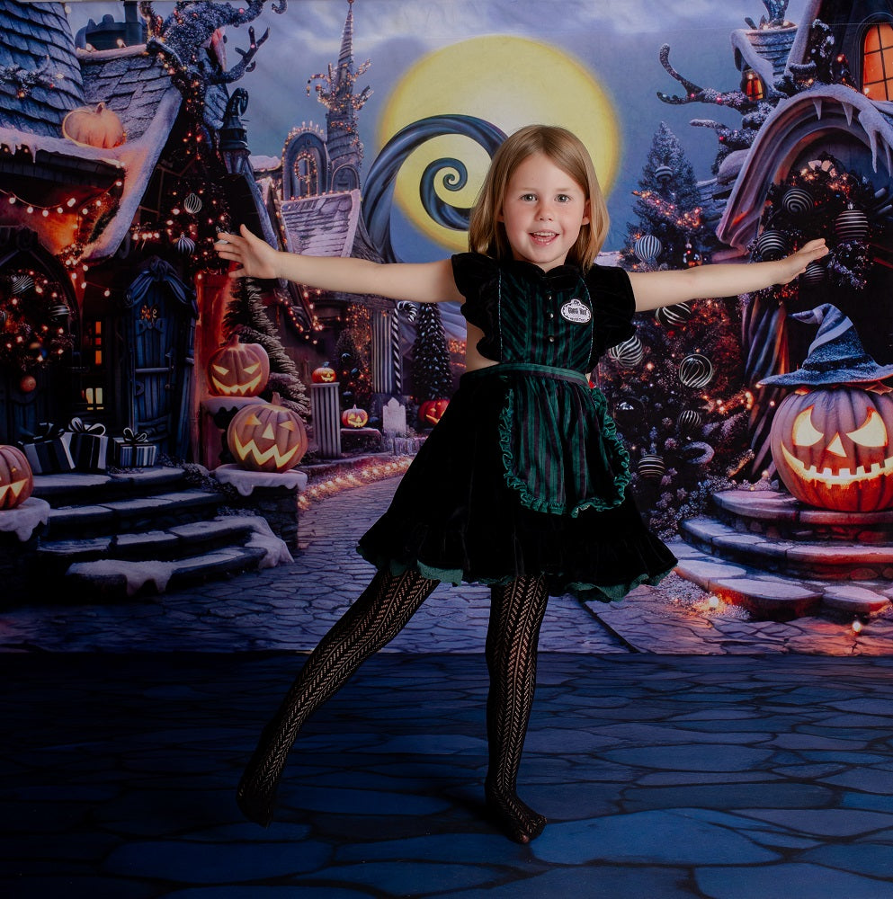 Kate Halloween Pumpkin Big Moon Dark Town Street Backdrop+Kate Dark Blue Cobblestone Rubber Floor Mat Backdrop