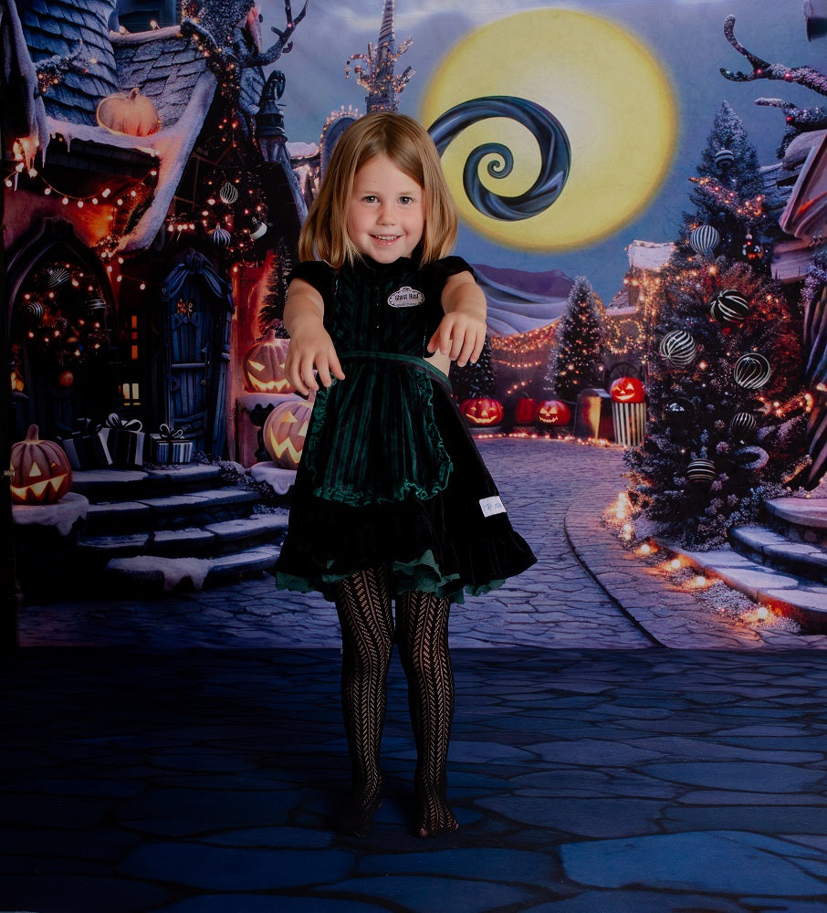 Kate Halloween Pumpkin Big Moon Dark Town Street Backdrop+Kate Dark Blue Cobblestone Rubber Floor Mat Backdrop