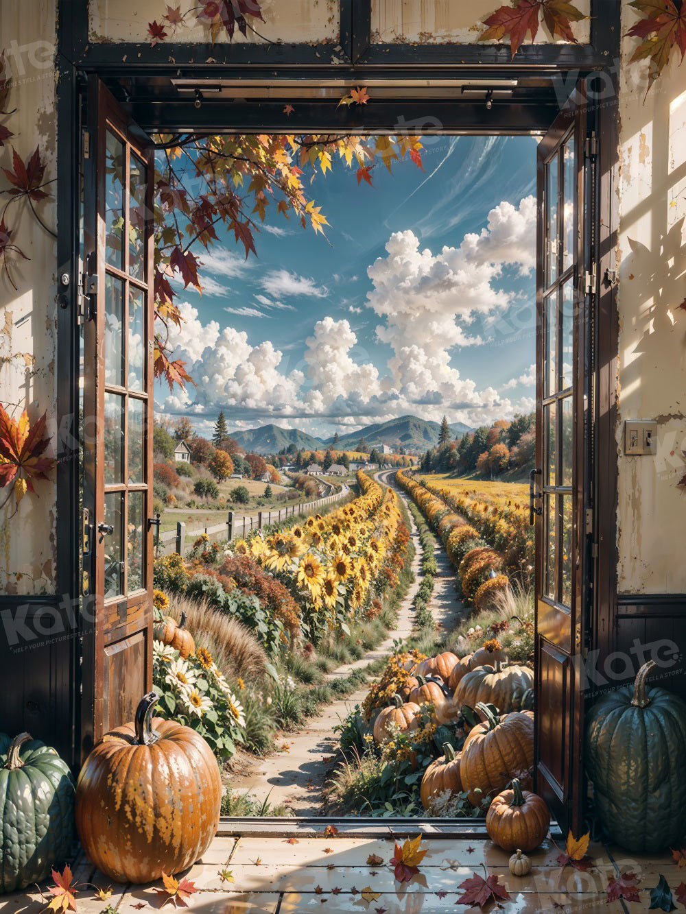 Kate Autumn Blue Sky Farm Sunflower Door Backdrop for Photography