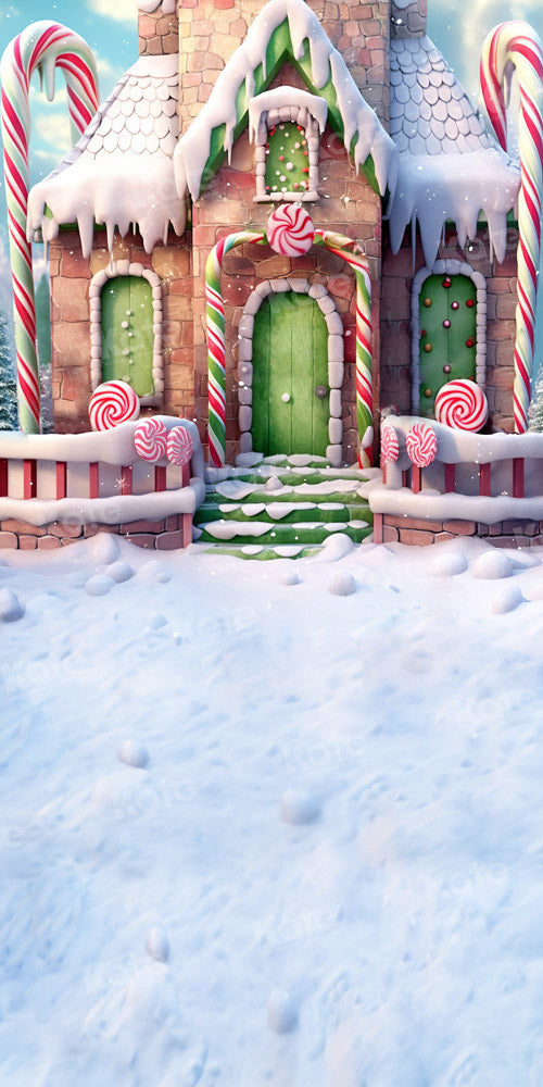 Kate Sweep Christmas Snowy Candy House Green Door Backdrop Designed by Emetselch