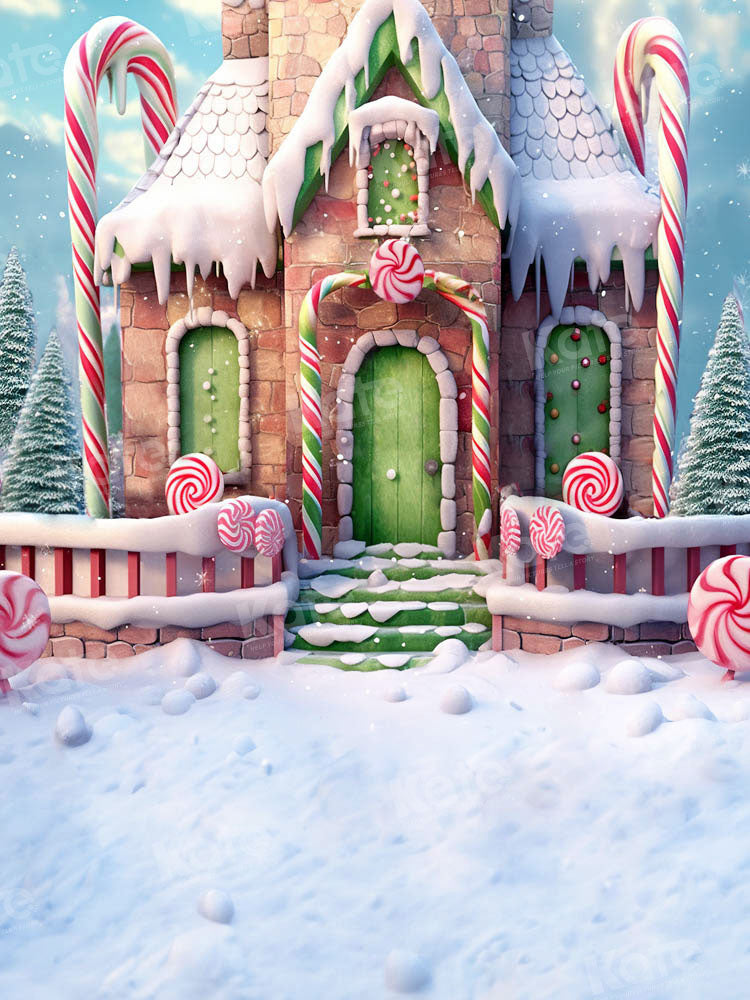 Kate Christmas Winter Snowy Candy House Green Door Backdrop Designed by Emetselch
