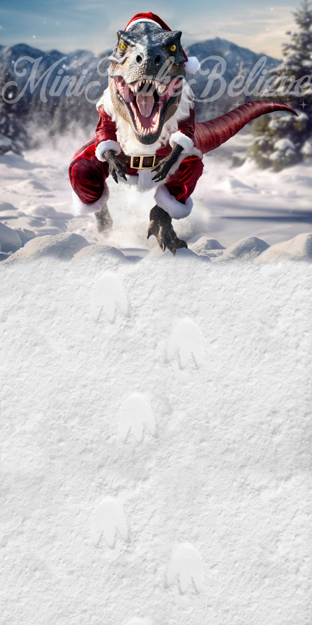 Kate Sweep Santa T-Rex Winter Christmas Humor Backdrop Designed by Mini MakeBelieve